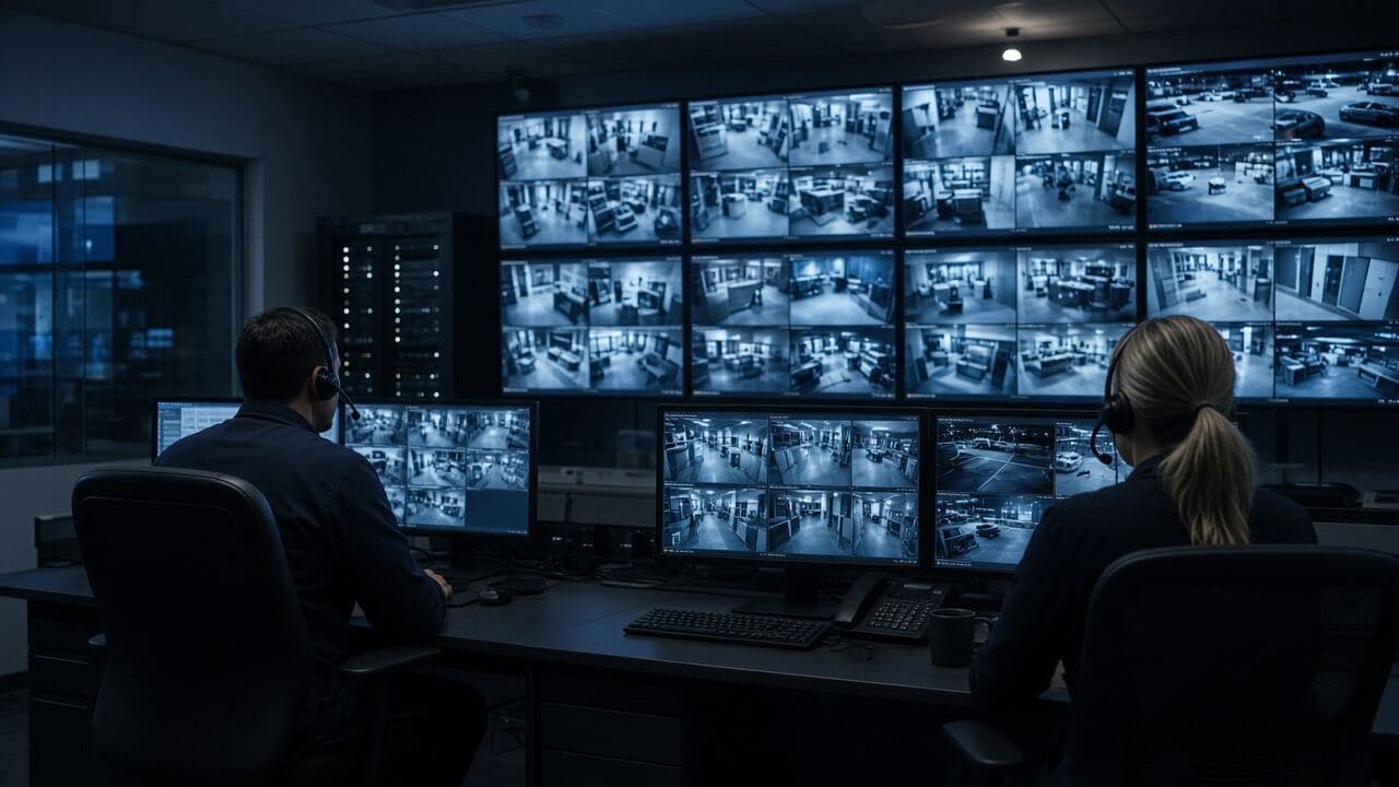 Monitoring team watching a wall of camera feeds