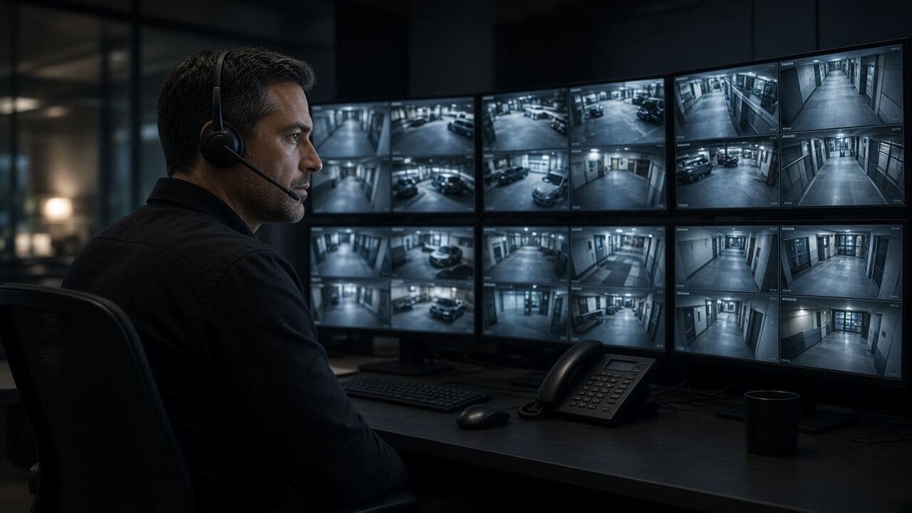 Virtual security guard with a headset monitoring camera feeds
